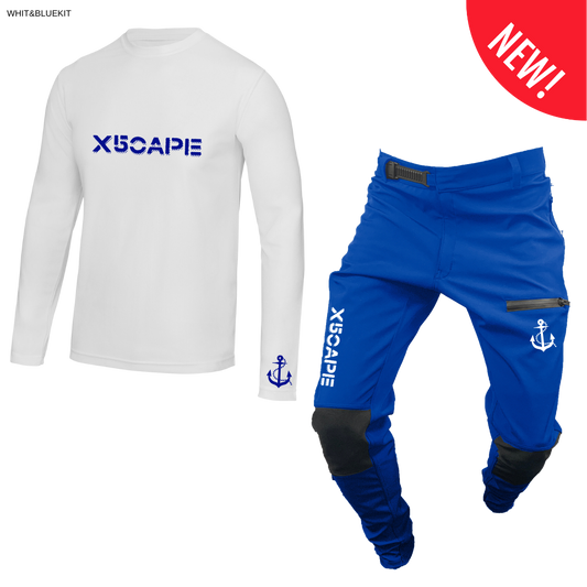 X5CAPE Rebellion Long Sleeve Mountain Bike Race Kit - White & Blue-x5Cape Mountain Bike Pants