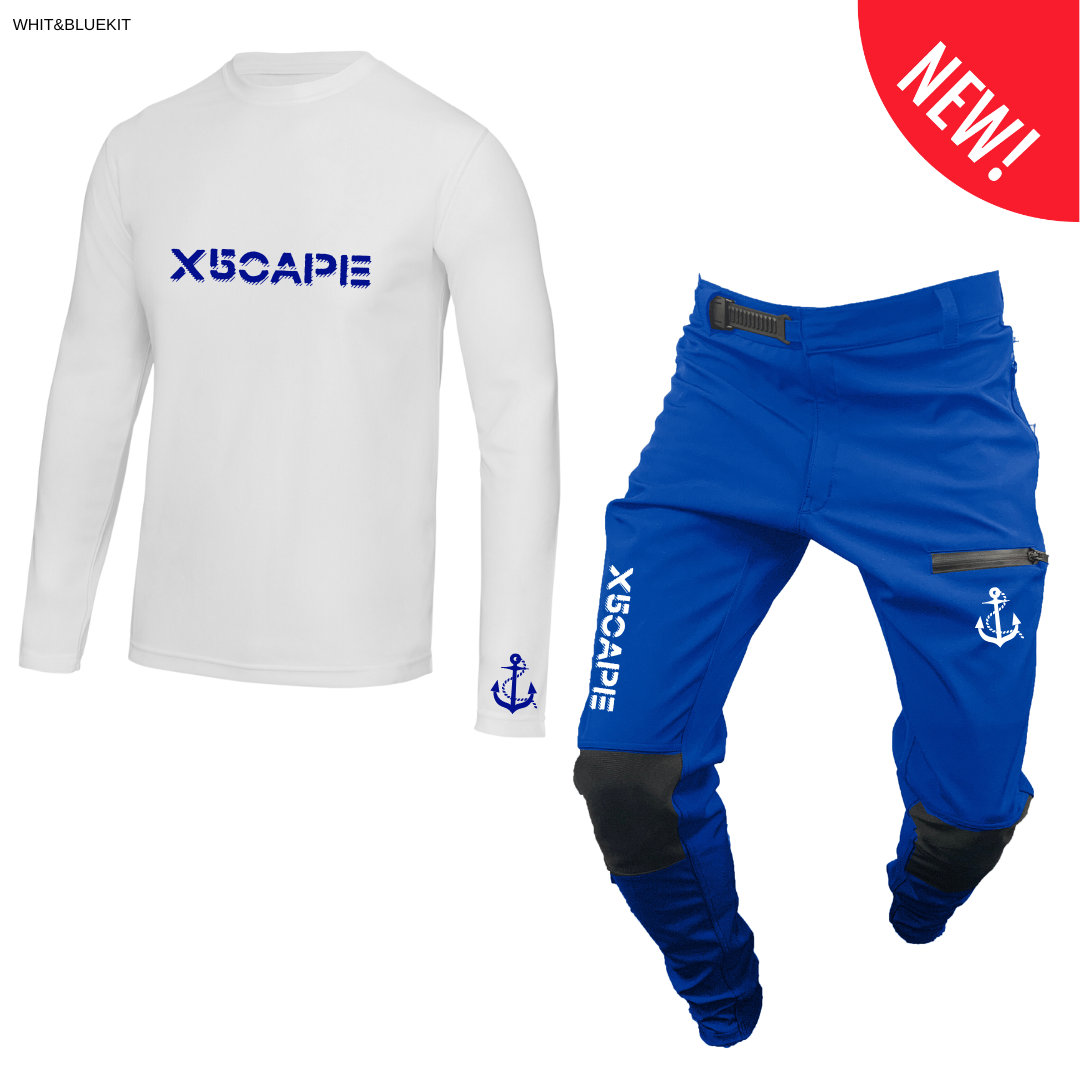 X5CAPE Rebellion Long Sleeve Mountain Bike Race Kit - White & Blue-x5Cape Mountain Bike Pants